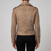Women's Tan Studded Leather Biker Jacket — Thomson