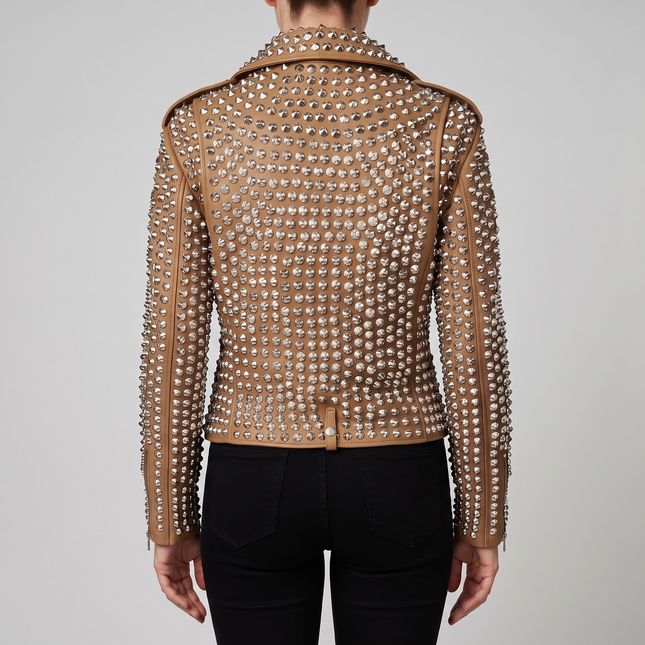 Women's Tan Studded Leather Biker Jacket — Thomson