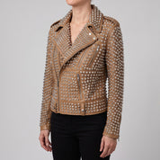 Women's Tan Studded Leather Biker Jacket — Thomson