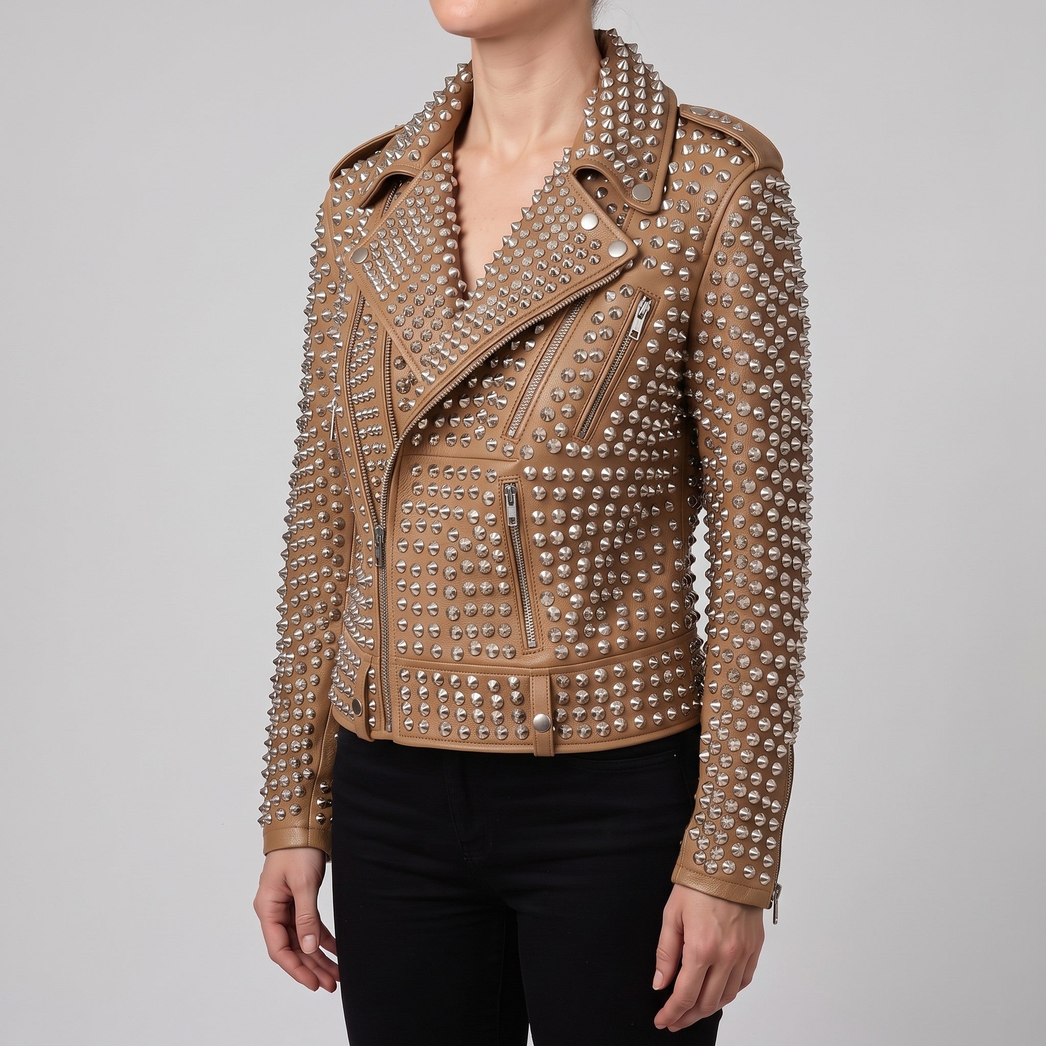 Women's Tan Studded Leather Biker Jacket — Thomson