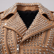 Women's Tan Studded Leather Biker Jacket — Thomson