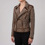 Women's Brown Studded Leather Biker Jacket — Thomson