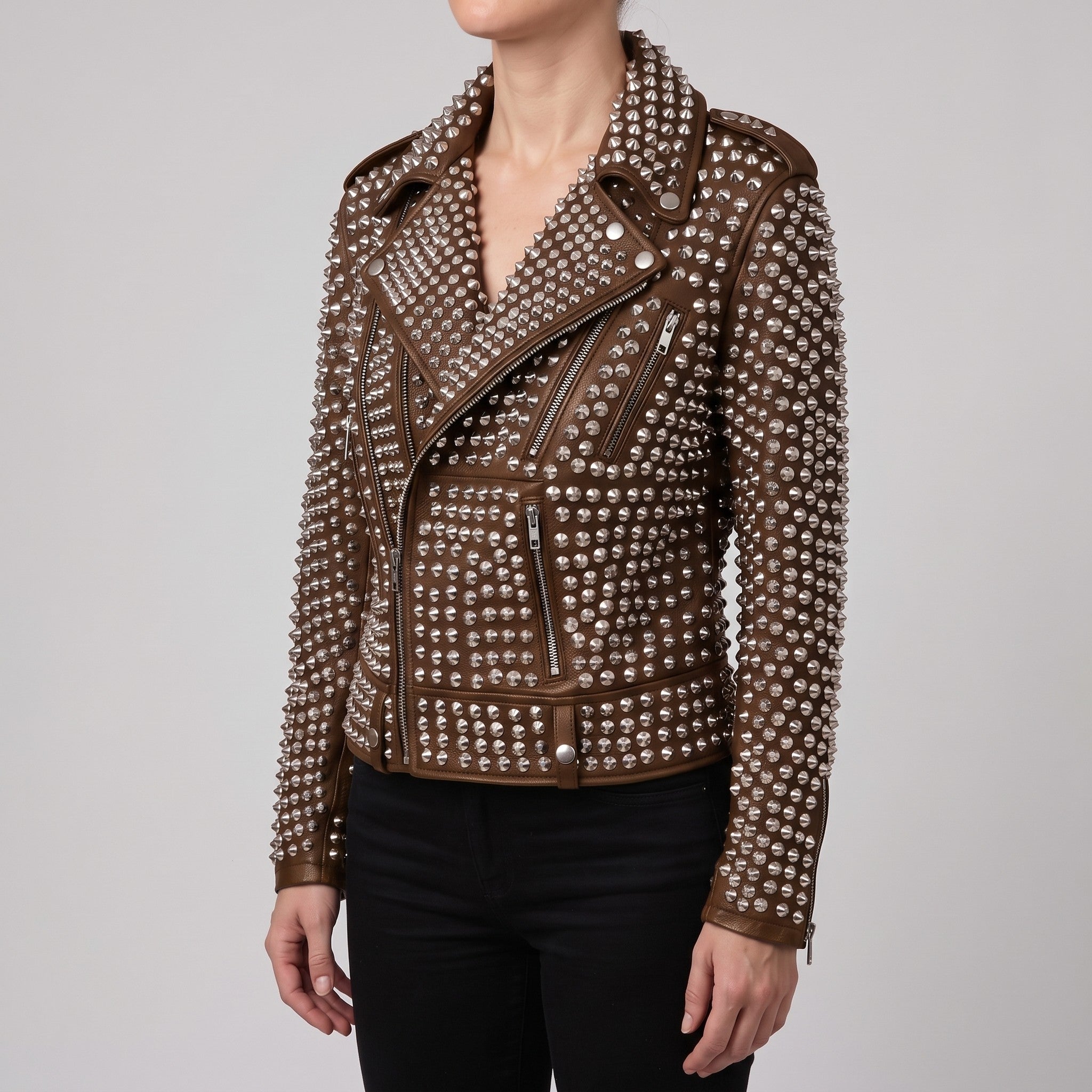 Women's Brown Studded Leather Biker Jacket — Thomson
