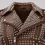 Women's Brown Studded Leather Biker Jacket — Thomson