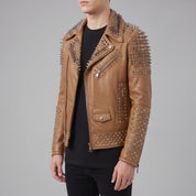 Men's Tan Studded Leather Biker Jacket — Lockwood
