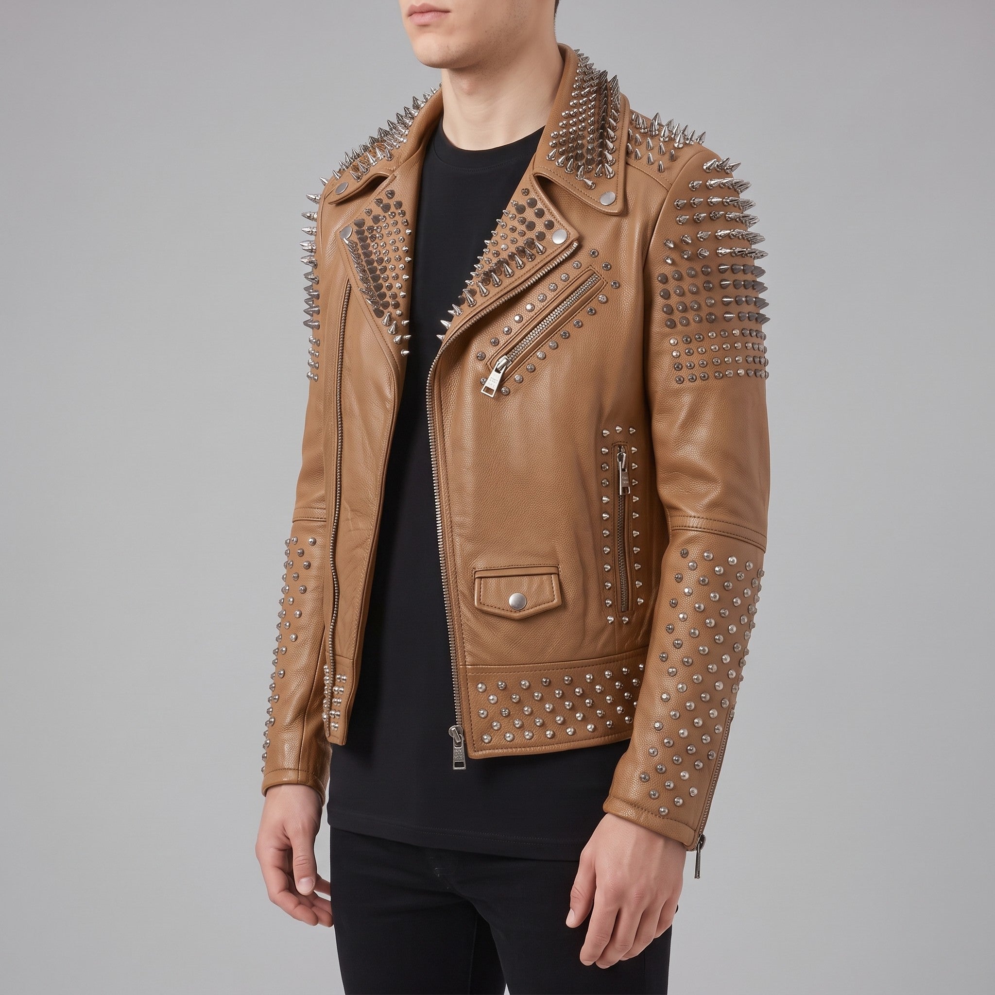 Men's Tan Studded Leather Biker Jacket — Lockwood
