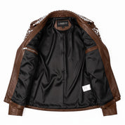 Women's Brown Studded Leather Biker Jacket — Thomson