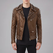 Men's Brown Studded Leather Biker Jacket — Lockwood
