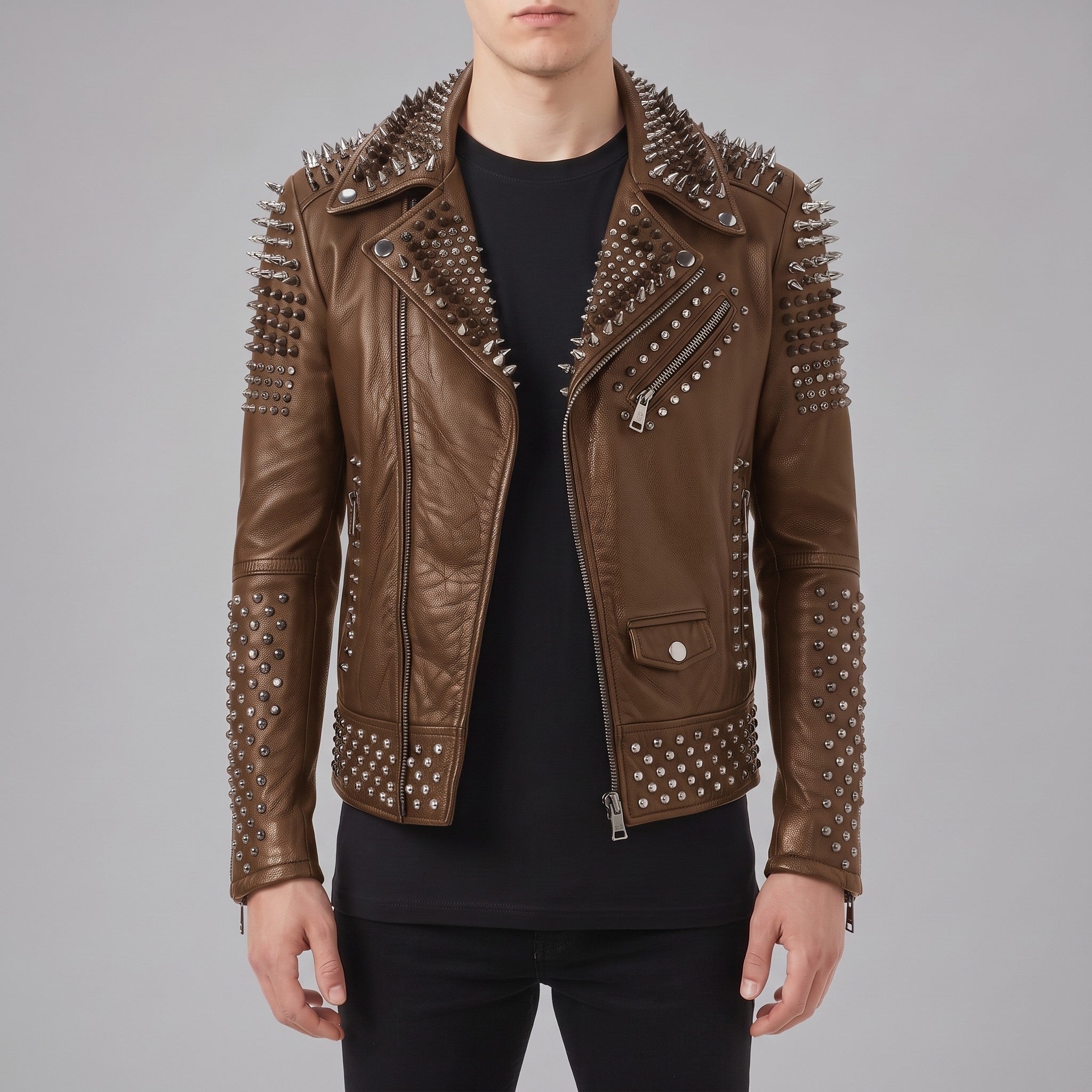 Men's Brown Studded Leather Biker Jacket — Lockwood