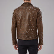 Men's Brown Studded Leather Biker Jacket — Lockwood
