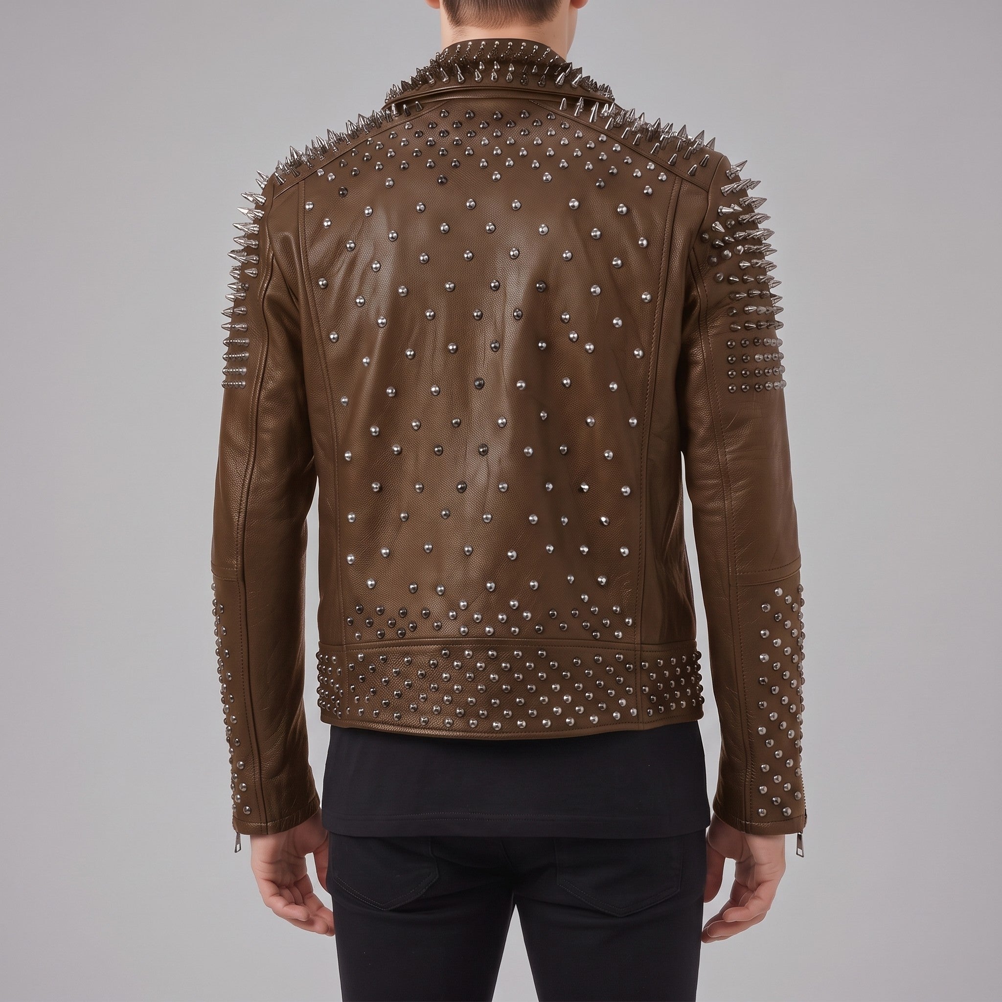 Men's Brown Studded Leather Biker Jacket — Lockwood