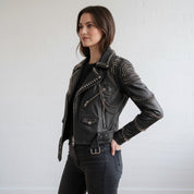 Women's Black Leather Biker Jacket — Seddon