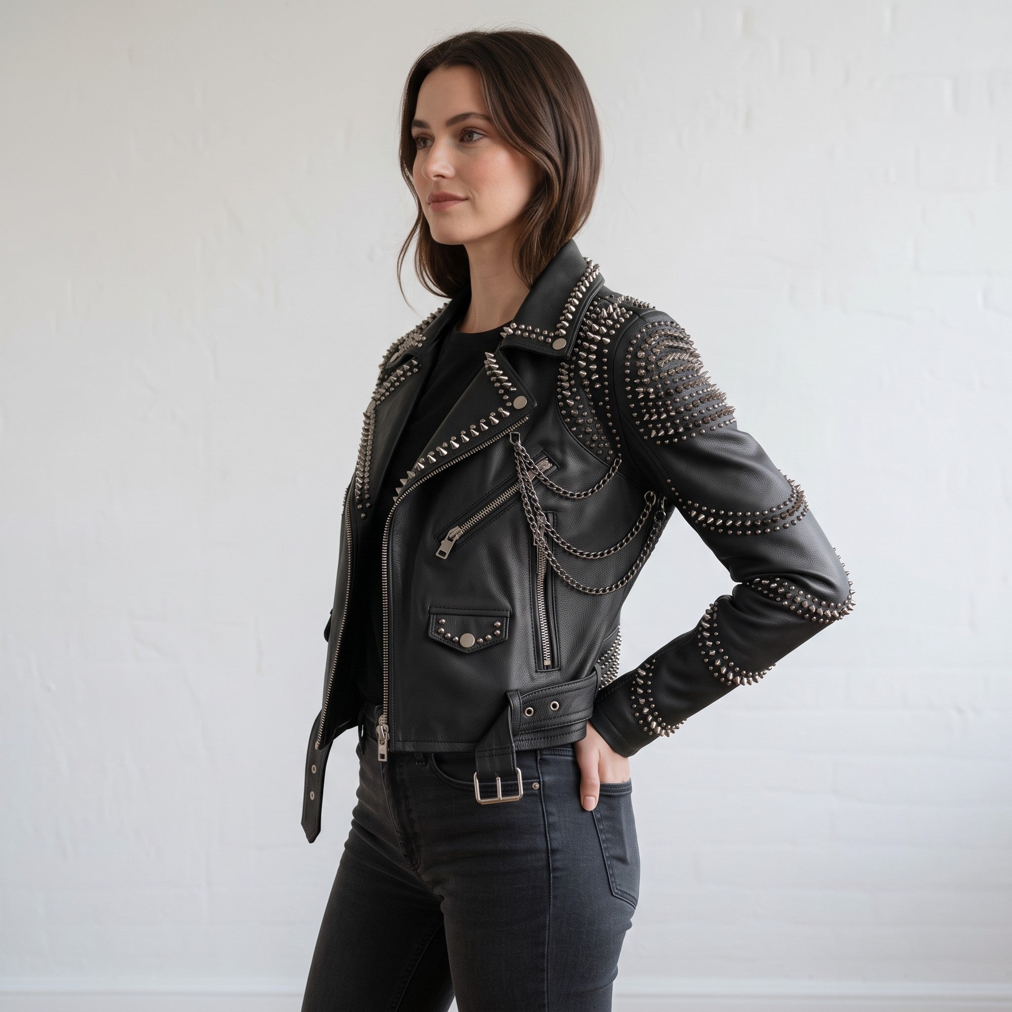 Women's Black Leather Biker Jacket — Seddon