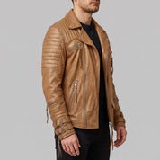 Men's Tan Quilted Leather Biker Jacket — Abbett