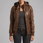 Women's Brown Hooded Leather Bomber Jacket — Arnott