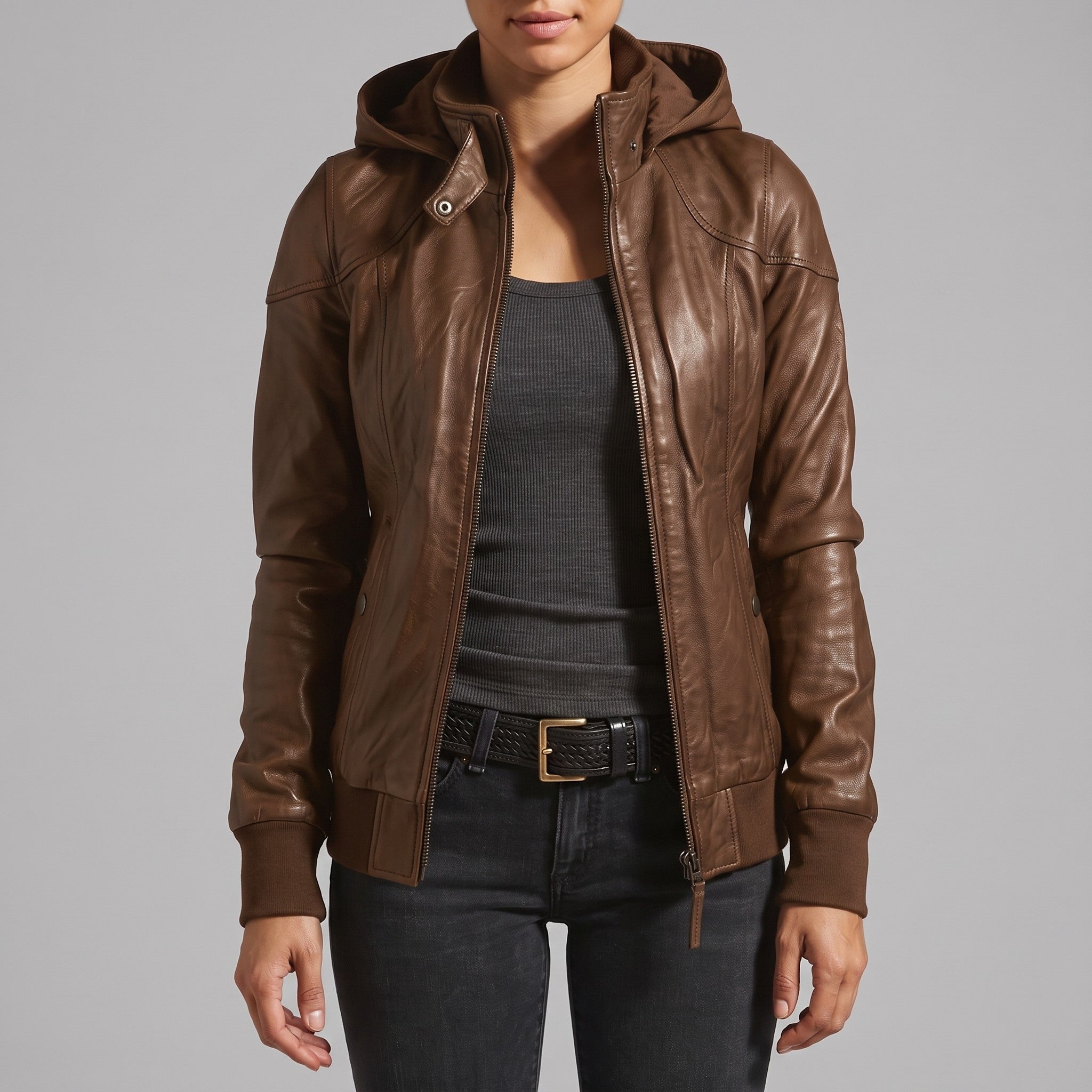 Women's Brown Hooded Leather Bomber Jacket — Arnott