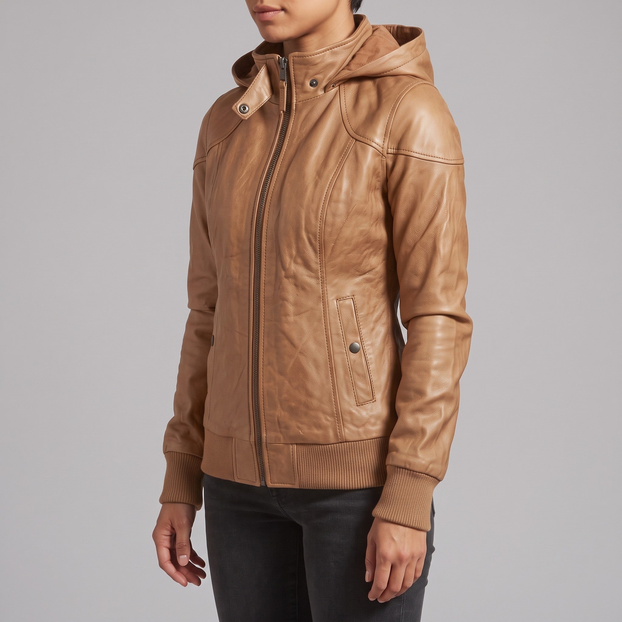 Women's Tan Hooded Leather Bomber Jacket — Arnott