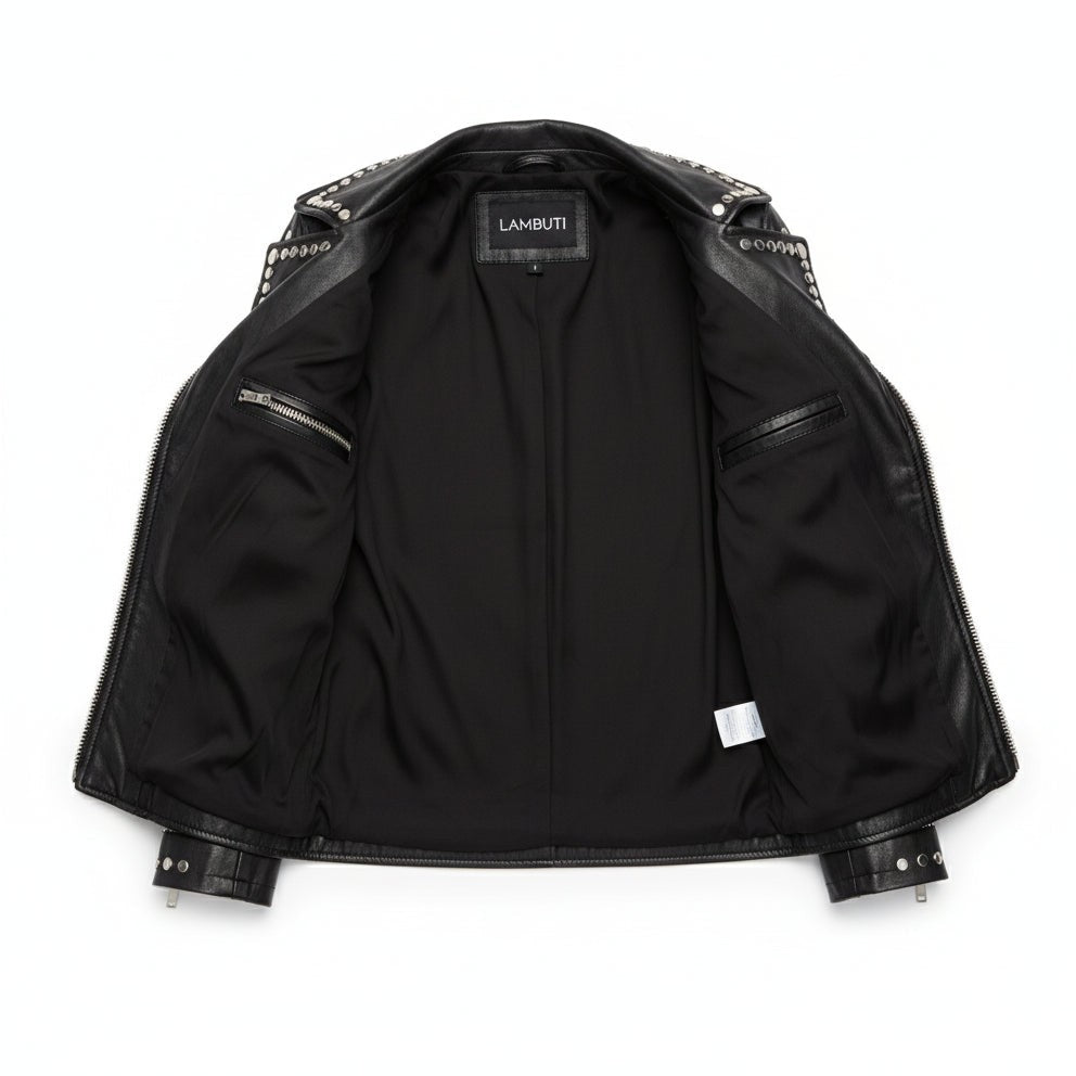 Women's Black Studded Leather Biker Jacket — Watson