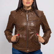 Women's Brown Leather Cafe Racer Jacket — Ashbrooke