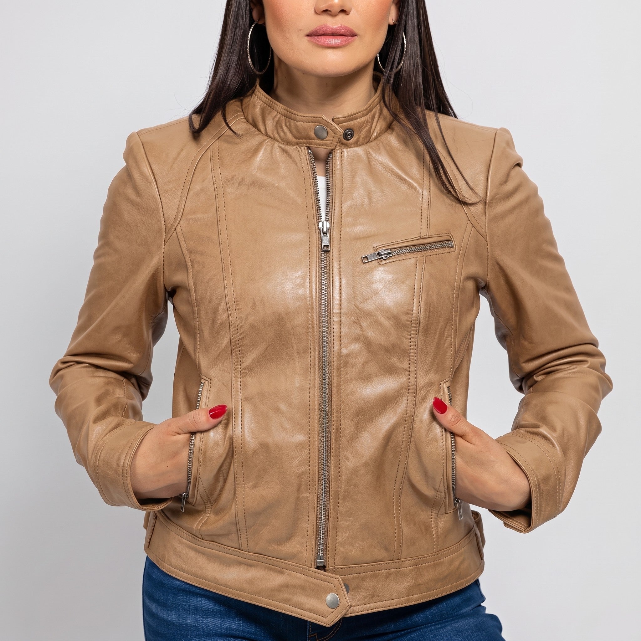 Women's Tan Leather Cafe Racer Jacket — Ashbrooke