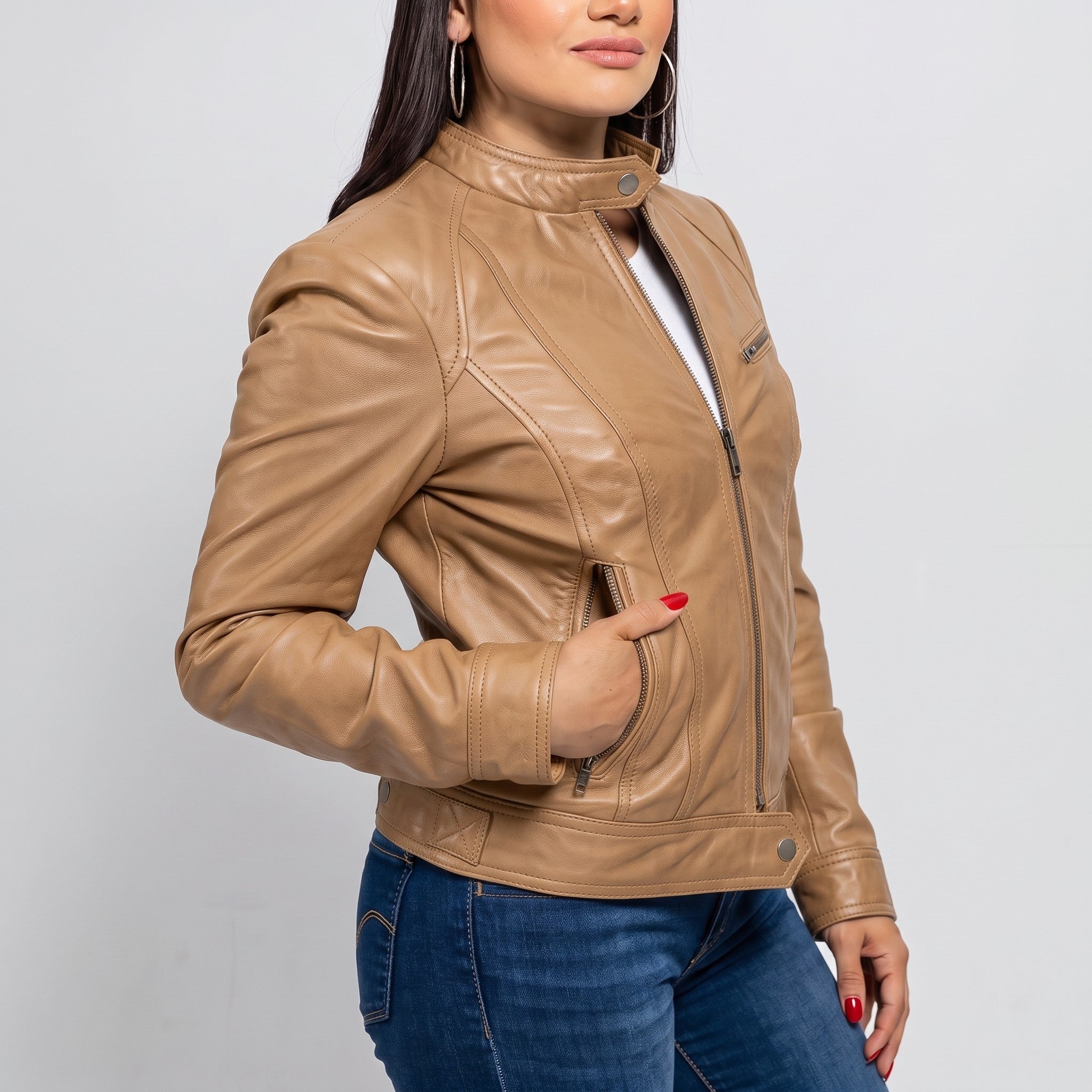 Women's Tan Leather Cafe Racer Jacket — Ashbrooke