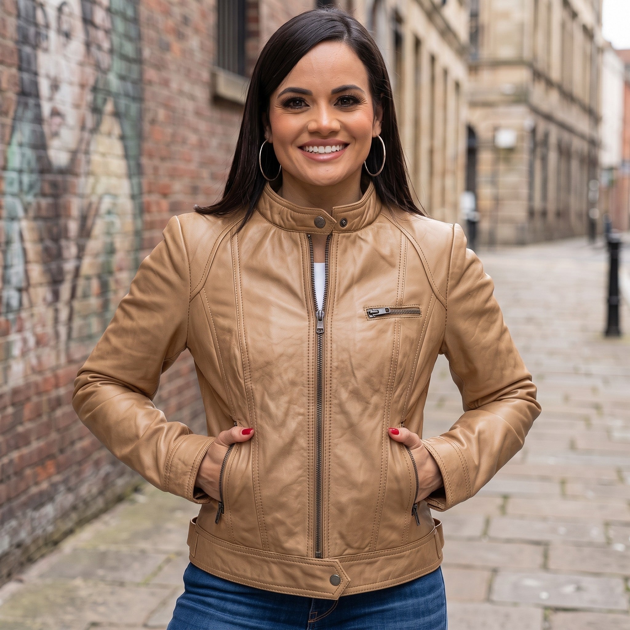 Women's Tan Leather Cafe Racer Jacket — Ashbrooke