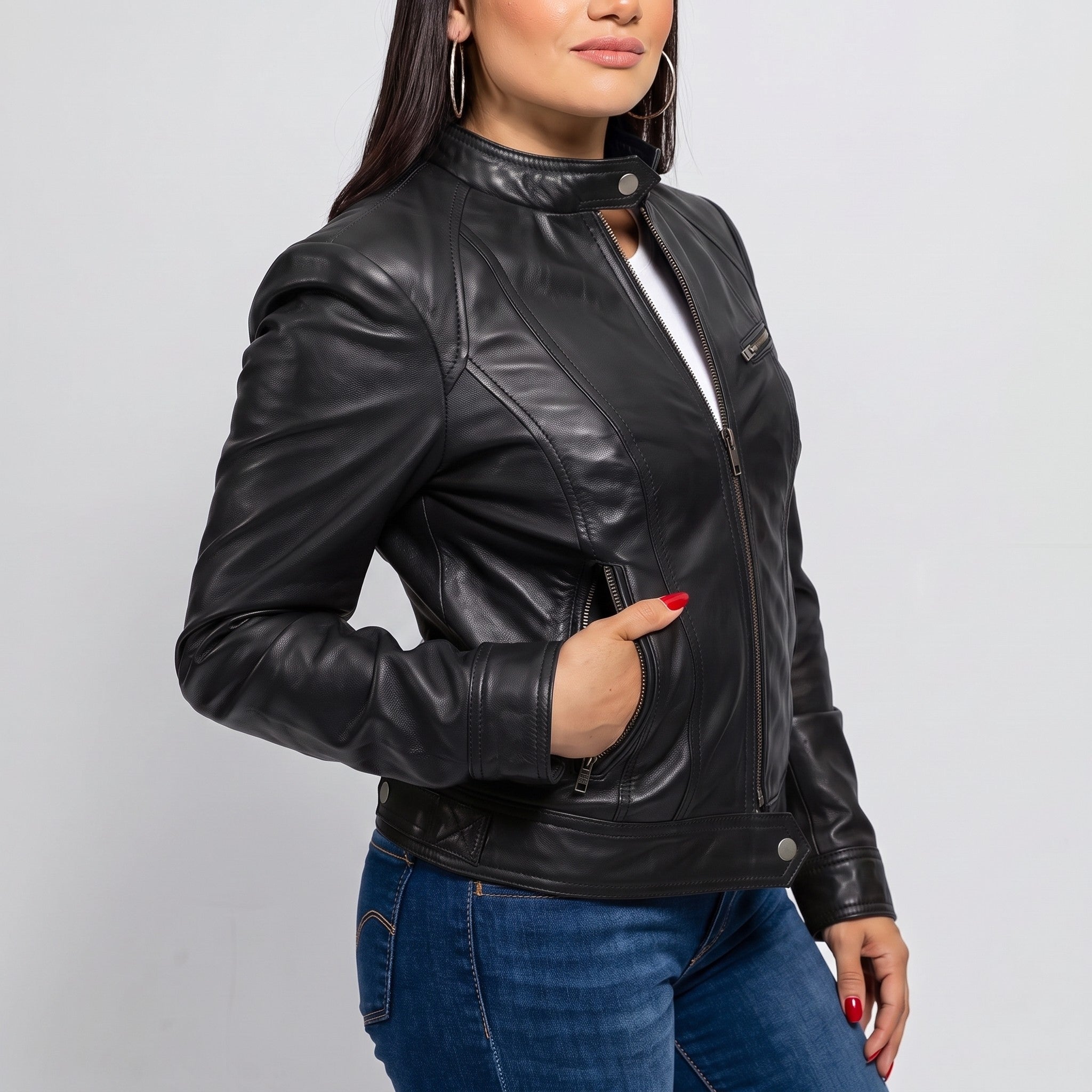 Women's Black Leather Cafe Racer Jacket — Ashbrooke