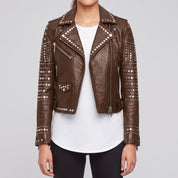 Women's Brown Studded Leather Biker Jacket — Watson
