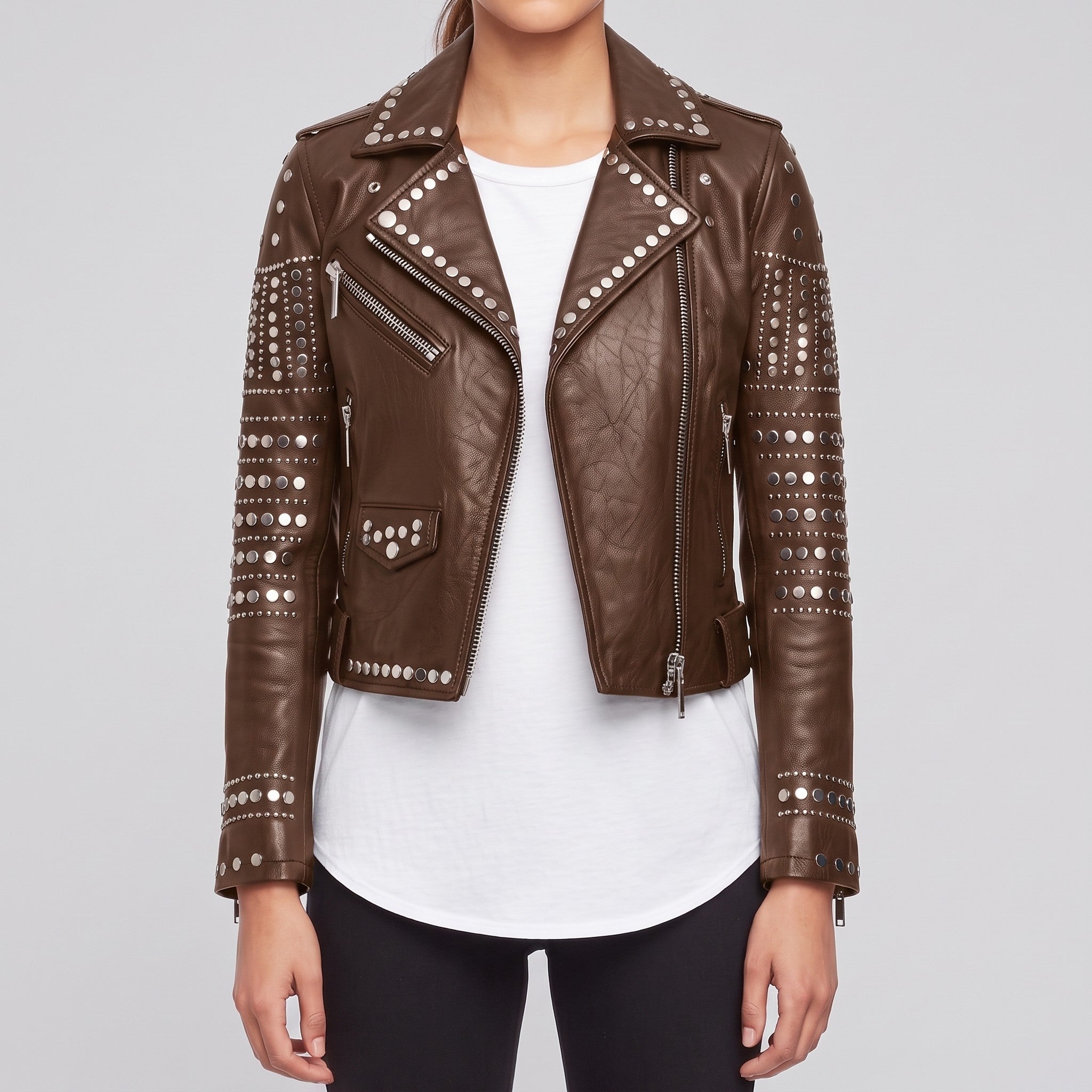 Women's Brown Studded Leather Biker Jacket — Watson