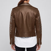 Women's Brown Studded Leather Biker Jacket — Watson