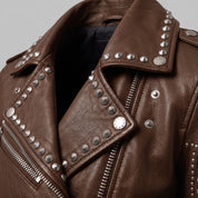 Women's Brown Studded Leather Biker Jacket — Watson