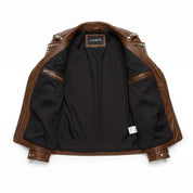 Women's Brown Studded Leather Biker Jacket — Watson