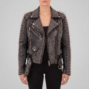 Women's Black Studded Leather Biker Jacket — Holden