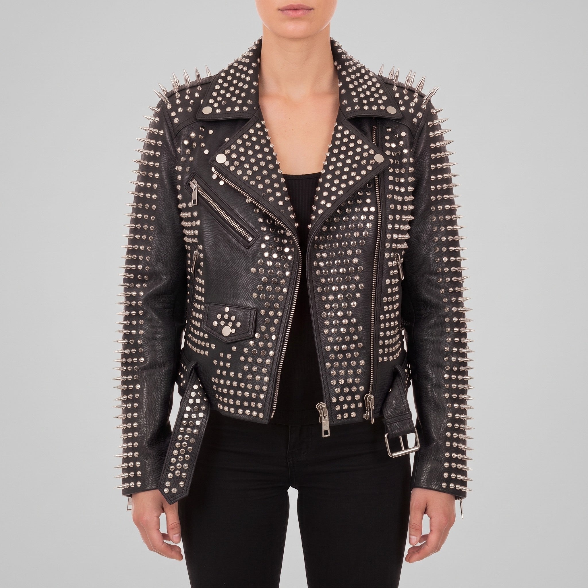 Women's Black Studded Leather Biker Jacket — Holden