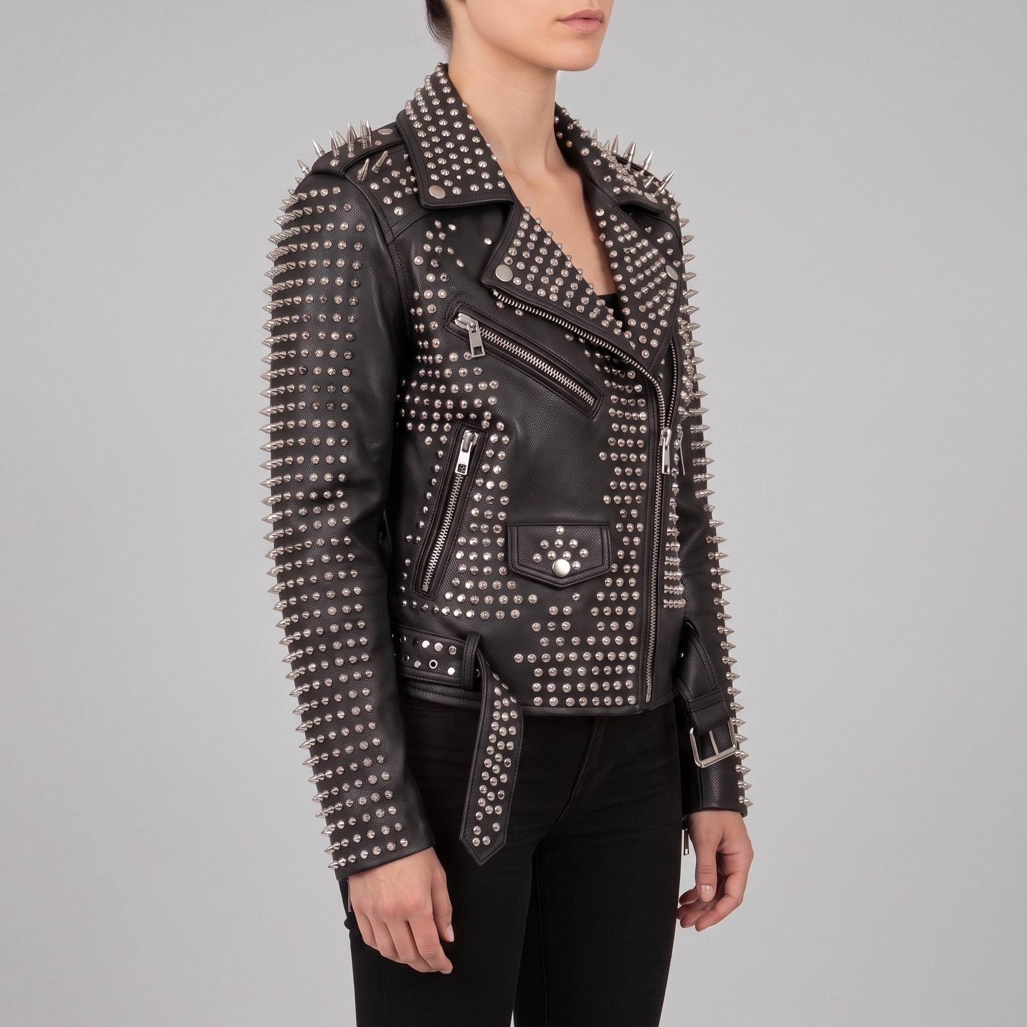 Women's Black Studded Leather Biker Jacket — Holden