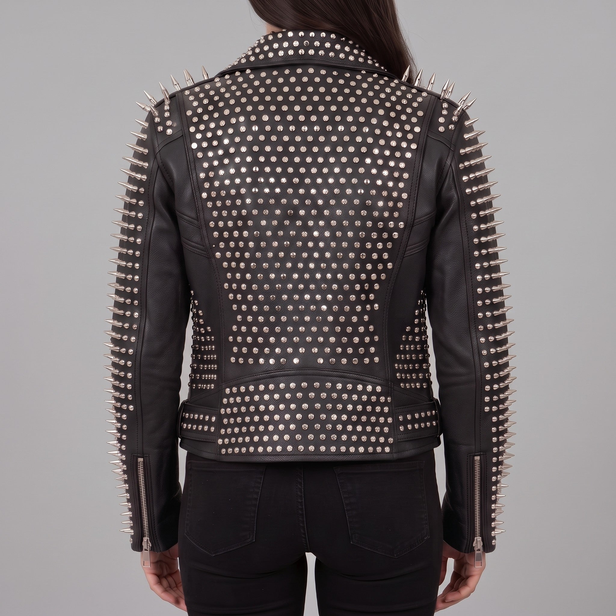 Women's Black Studded Leather Biker Jacket — Holden