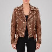 Women's Brown Studded Leather Biker Jacket — Holden