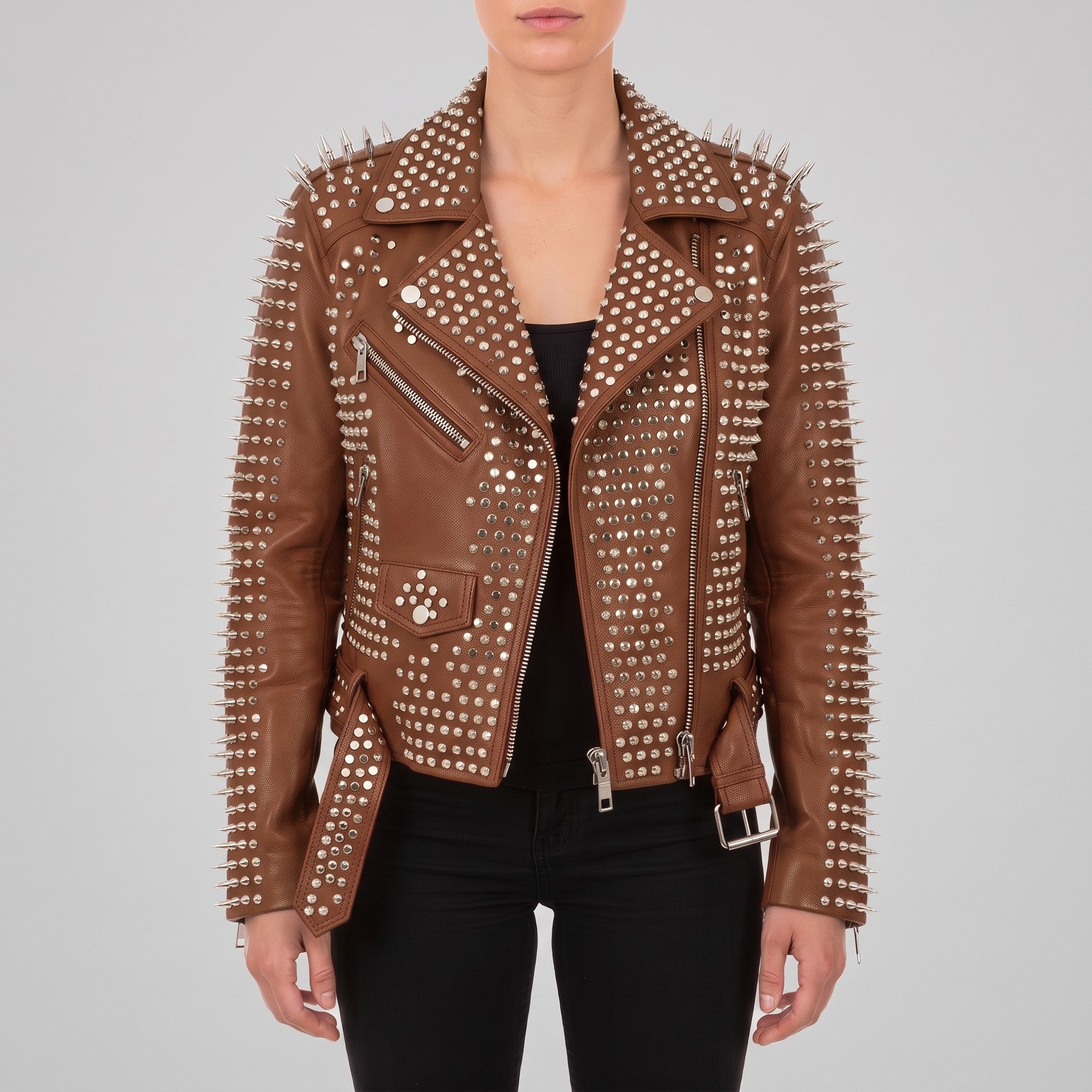 Women's Brown Studded Leather Biker Jacket — Holden