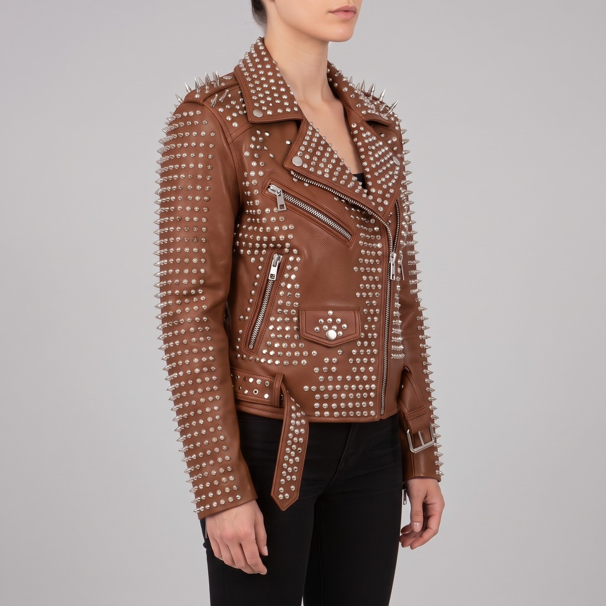 Women's Brown Studded Leather Biker Jacket — Holden