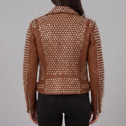 Women's Brown Studded Leather Biker Jacket — Holden