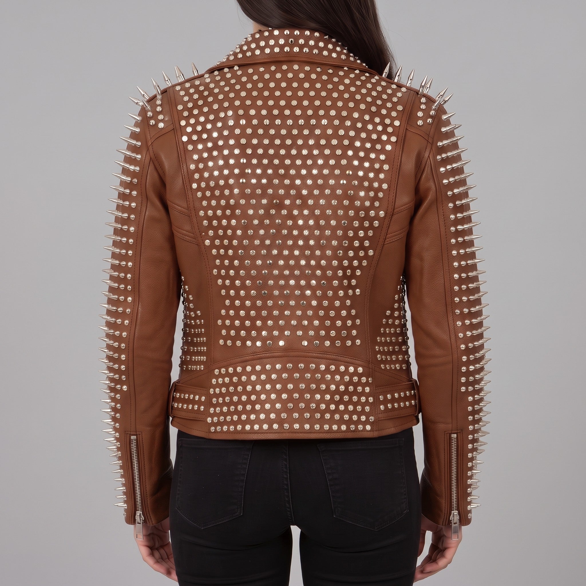 Women's Brown Studded Leather Biker Jacket — Holden