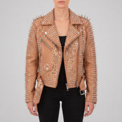 Women's Tan Studded Leather Biker Jacket — Holden
