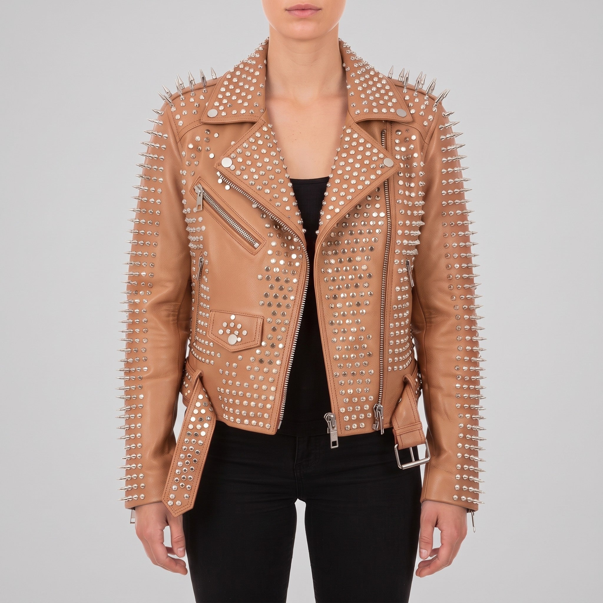 Women's Tan Studded Leather Biker Jacket — Holden
