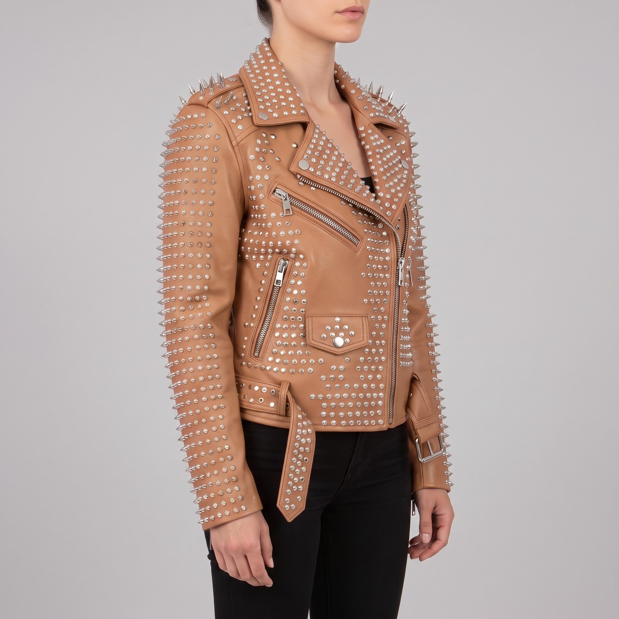 Women's Tan Studded Leather Biker Jacket — Holden