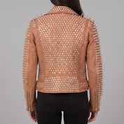 Women's Tan Studded Leather Biker Jacket — Holden
