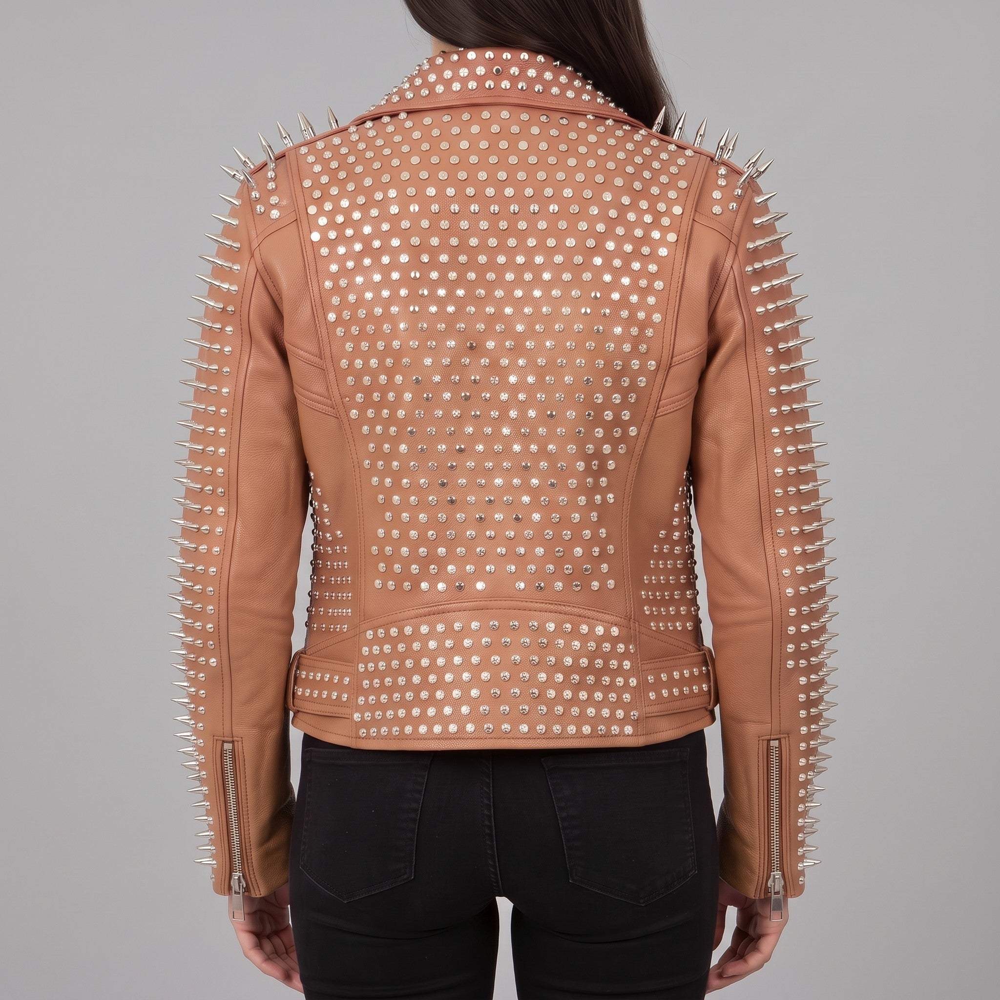 Women's Tan Studded Leather Biker Jacket — Holden