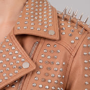 Women's Tan Studded Leather Biker Jacket — Holden