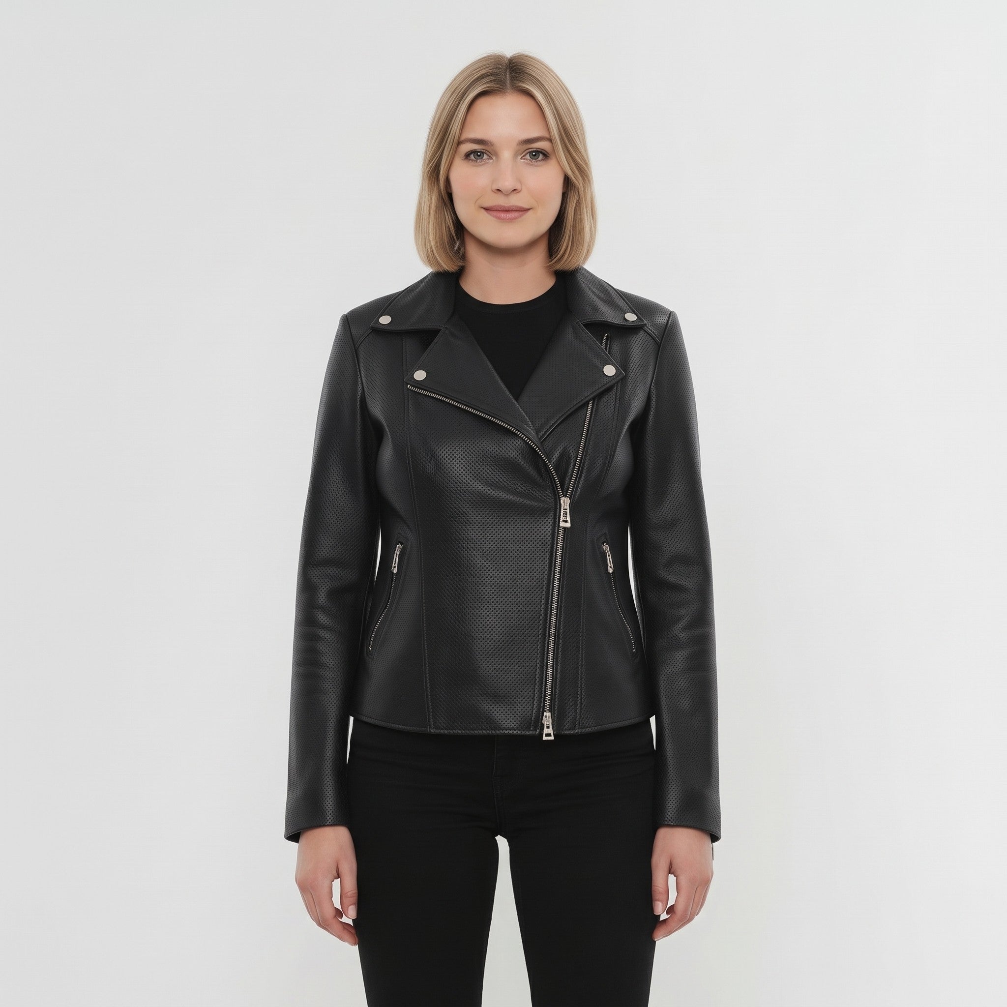 Women's Black Pebbled Leather Biker Jacket — Belstead