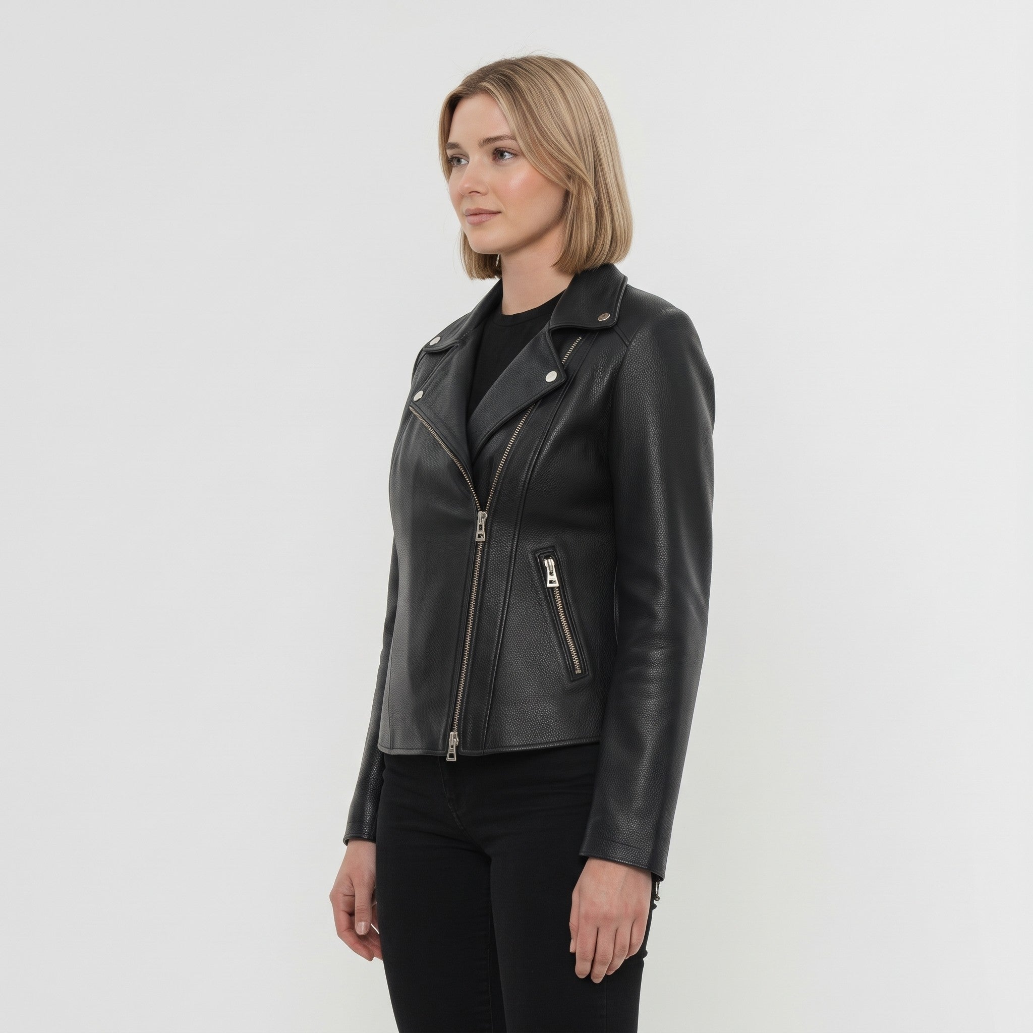 Women's Black Pebbled Leather Biker Jacket — Belstead