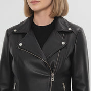 Women's Black Pebbled Leather Biker Jacket — Belstead